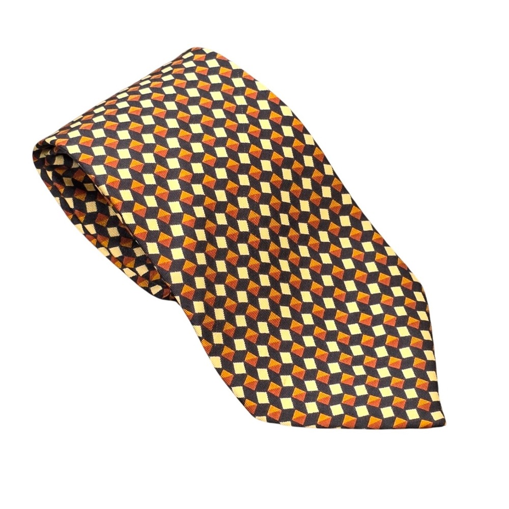 Argyles Custom Clothier Geometric Diamond Silk Tie Men's Orange Black Handmade